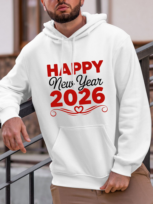 Men's Graphic Hoodie Happy New Year With Decorative Swirl Below 2026 Hoodie