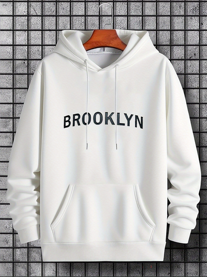 Men's Graphic Hoodie Brooklyn Bold Black Lettering On Clean Simple White Hoodie