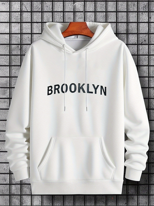 Men's Graphic Hoodie Brooklyn Bold Black Lettering On Clean Simple White Hoodie