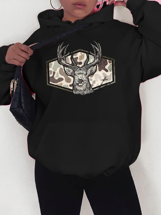 Women's Graphic Hoodie Camo Patterned Shield With Majestic Antlered Deer Face In The Center