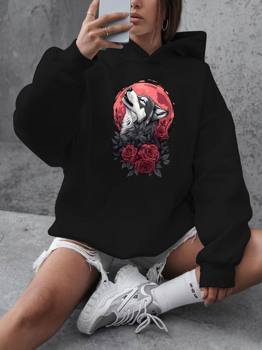 Women's Graphic Hoodie Blooming Roses With Red Sun And Howling Wolf