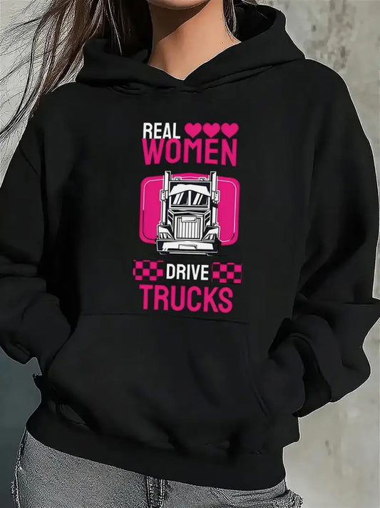 Women's Graphic Hoodie Real Women With Pink Hearts And Roadside Finishes Drive Trucks