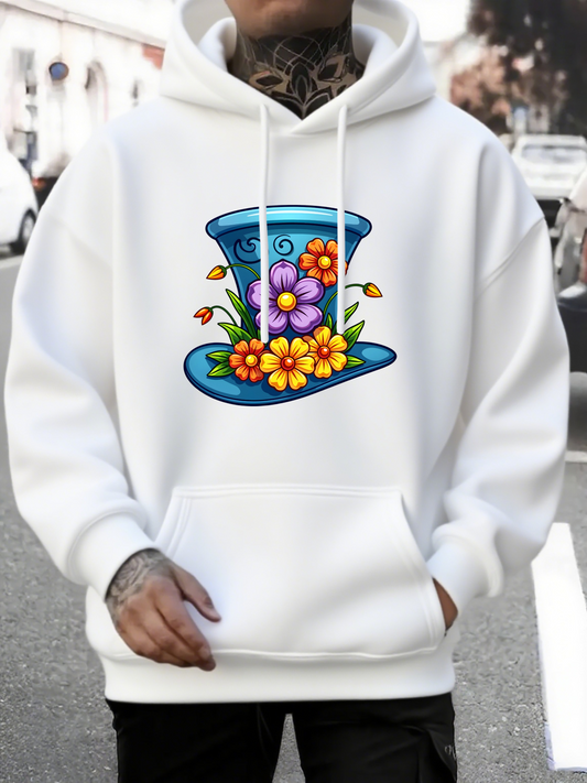 Men's Graphic Hoodie Colorful Wild Blossom With Blue Tophat Among Spring Flowers