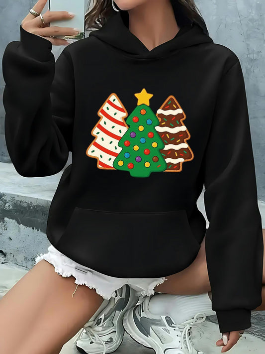 Women's Graphic Hoodie Festive Frosted Cookies With Shining Star Among Colorful Christmas Trees