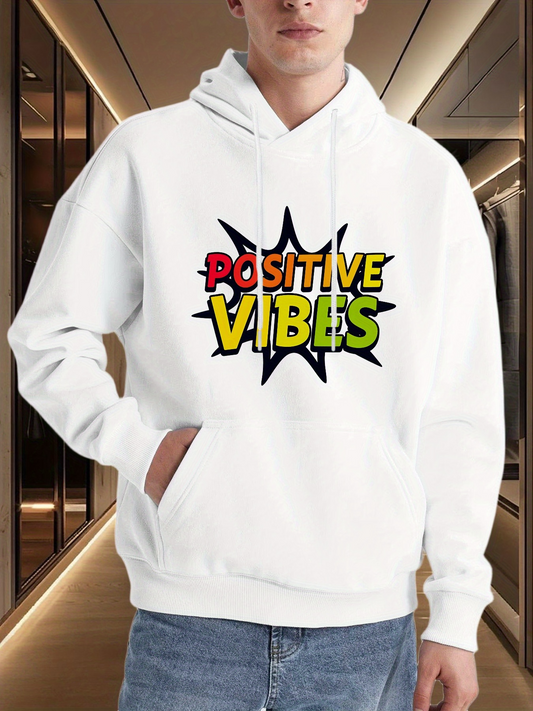 Men's Graphic Hoodie Positive Vibes With Graphic Comic Burst Text Motif Hoodie