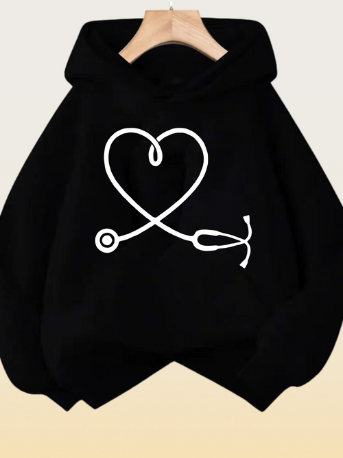 Women's Graphic Hoodie Simple White Heart Shaped Stethoscope On Black Hoodie
