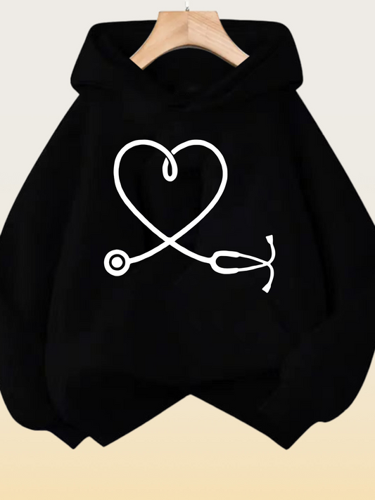 Women's Graphic Hoodie Simple White Heart Shaped Stethoscope On Black Hoodie