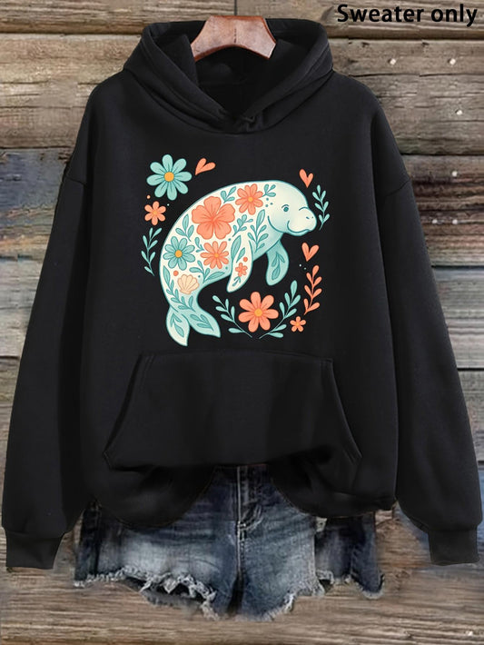 Women's Graphic Hoodie Colorful Floral Patterns Surrounding Peaceful Manatee