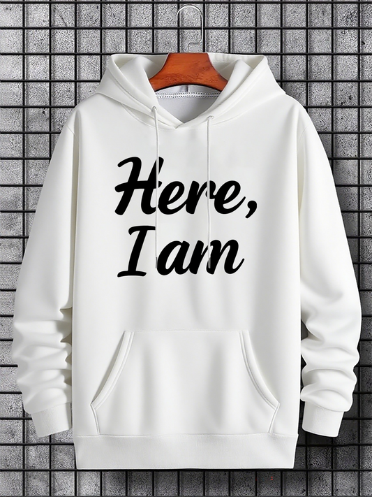 Men's Graphic Hoodie Here I Am Minimalist Typography Statement Hoodie