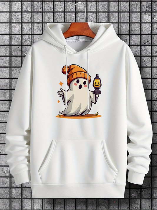 Men's Graphic Hoodie Playful Autumn Spirit Holding A Lantern Under Falling Leaves Ghost
