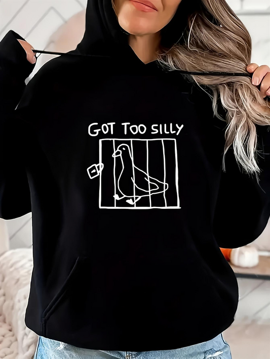Women's Graphic Hoodie Got Too Silly Hand Drawn Pigeon In Cage With Simple Linework Doodle Graphic Cartoon Jail