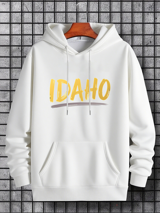 Men's Graphic Hoodie Yellow Hand Painted Lettering With Bold Brushstroke Idaho