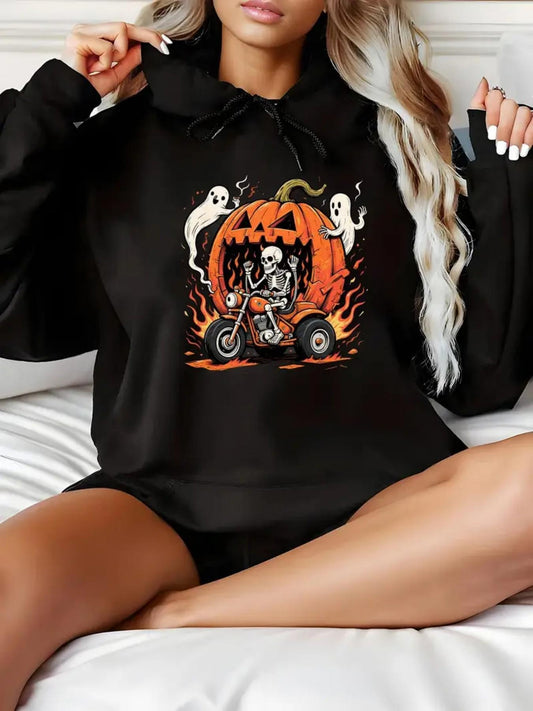 Women's Graphic Hoodie Halloween Pumpkin Surrounded By Flames And Playful Ghosts With Skeleton Riding Motorcycle