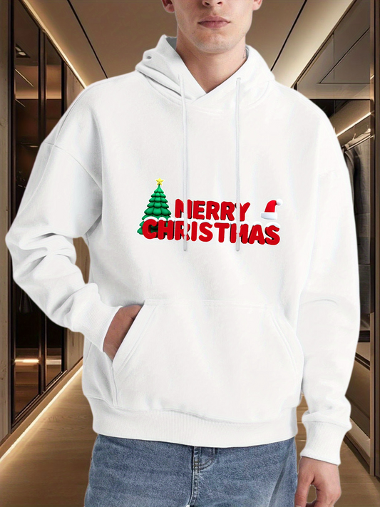 Men's Graphic Hoodie Merry Christmas Festive Holiday Text With Green Tree Motif Hoodie