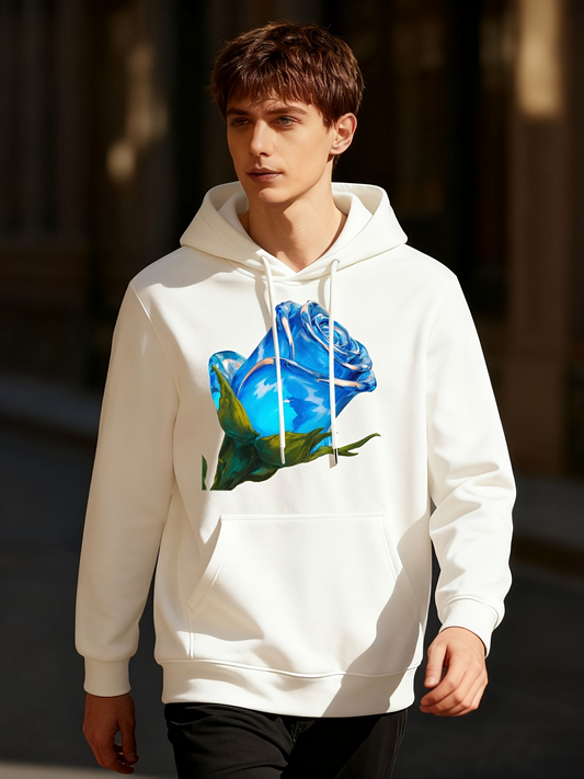 Men's Graphic Hoodie Vivid Artistic Blue Watercolor Design With Lush Green Leaves Frog