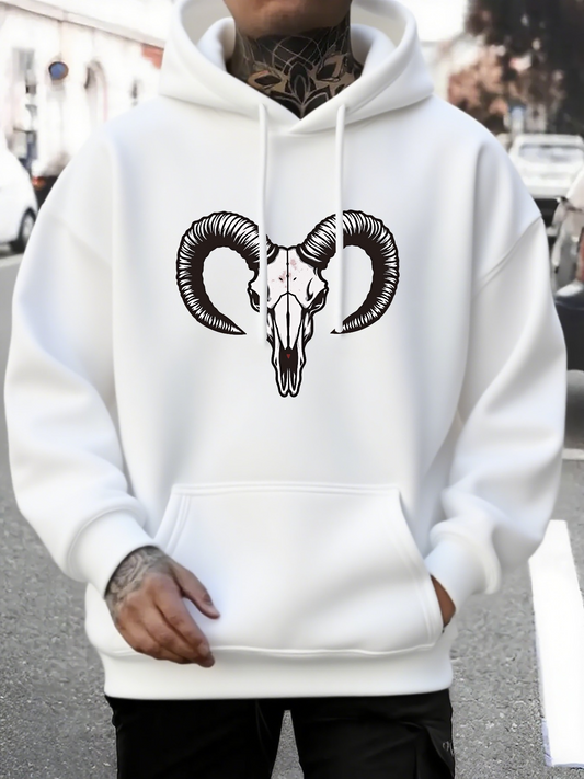 Men's Graphic Hoodie Urban Minimalist Art With Bold Black Horns On Ram Skull