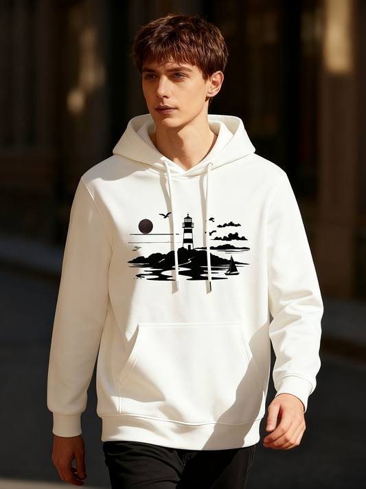 Men's Graphic Hoodie Serene Ocean View With Clouds Flying Above Lonely Tall Lighthouse