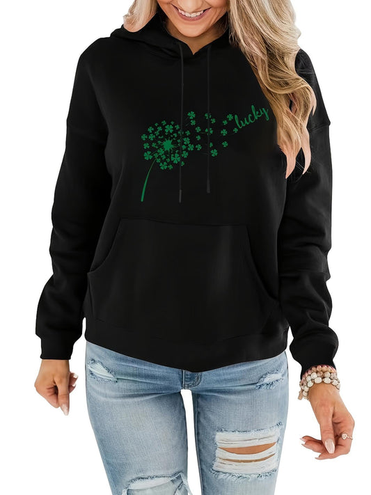 Women's Graphic Hoodie Lucky Green Dandelion With Floating Petals Among Soft Breezy Winds Hoodie
