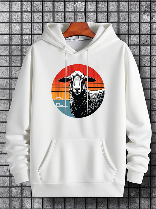 Men's Graphic Hoodie Retro Colorful Striping Circle With Detailed Sheep Illustration