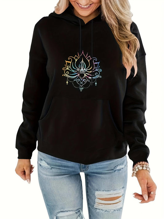 Women's Graphic Hoodie Rainbow Light Gradients Within Lotus And Twinkling Music Notes Lotus