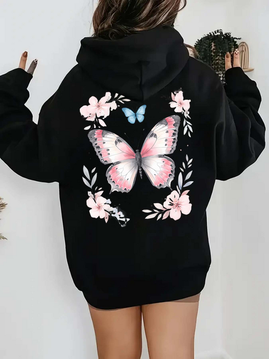 Women's Graphic Hoodie Delicate Pink Blossoms And Blue Butterfly With A Large Pastel Butterfly