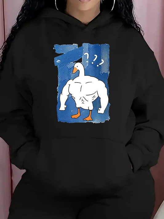 Women's Graphic Hoodie Curious Cartoon Goose With Muscular Arms Against Blue Background Goose