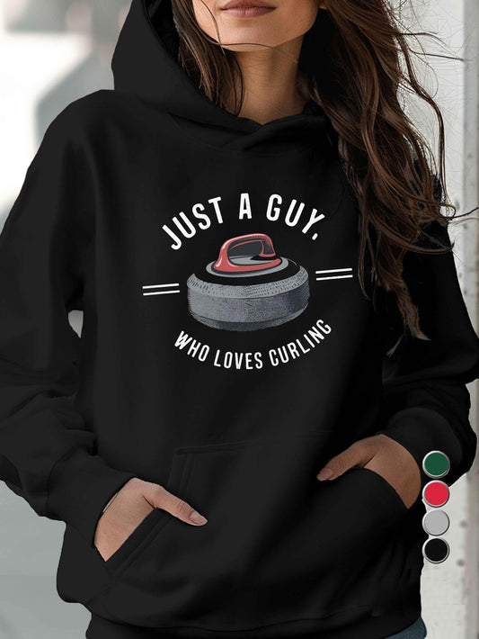 Women's Graphic Hoodie Just A Guy Who Loves Curling Stone With Classic Sports Motif In Black Hoodie