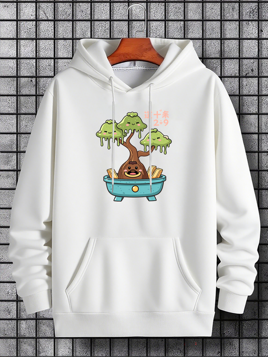 Men's Graphic Hoodie Cartoon Bonsai Tree With Playful Expressions In Blue Pot