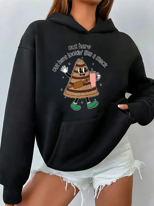 Women's Graphic Hoodie Out Here Getting Toasty With A Snack Happy Cartoon Marshmallow Holding Drink