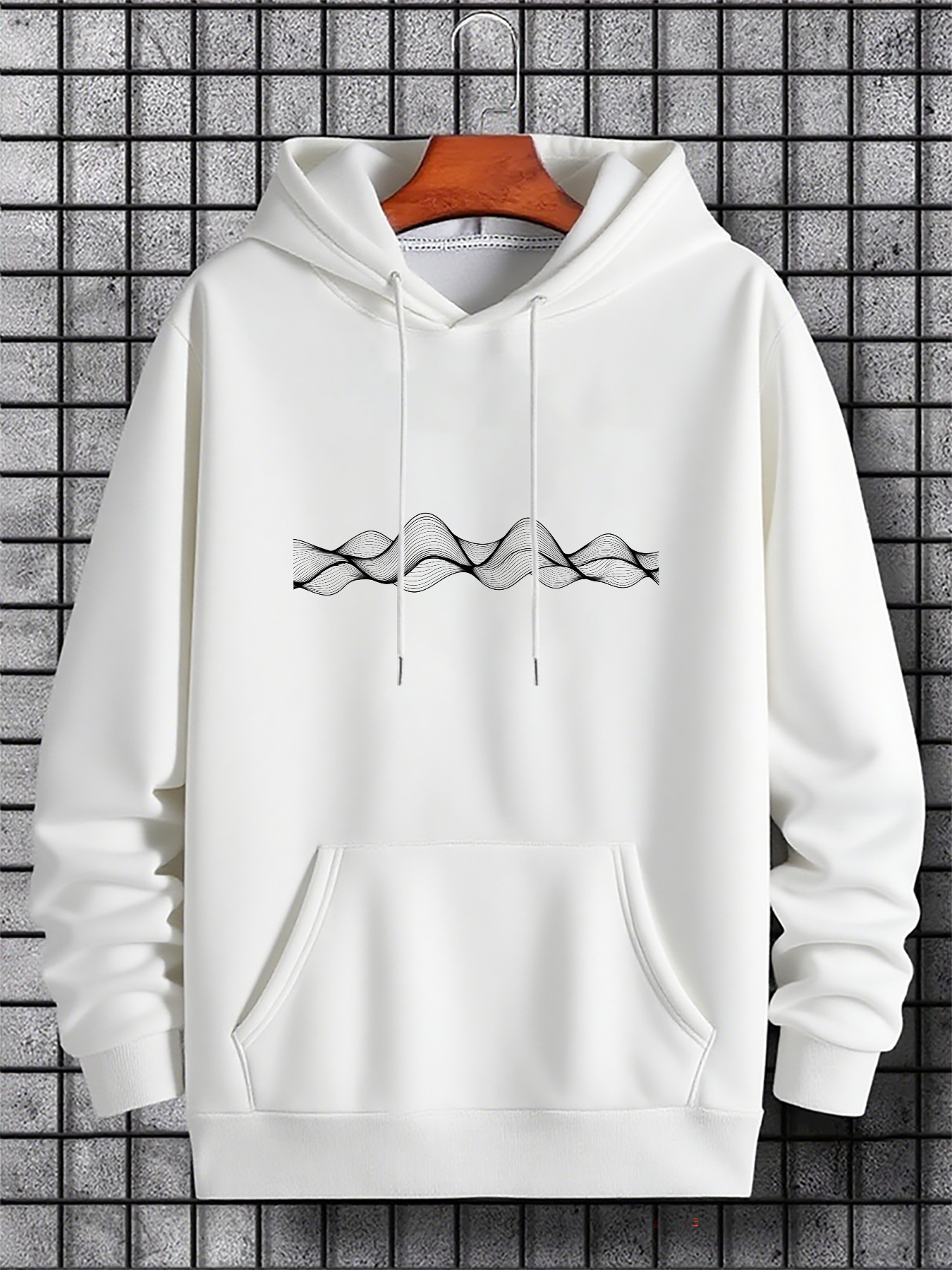 Men's Graphic Hoodie Abstract Black Wavy Lines Flowing Across Calm White Fabric Hoodie