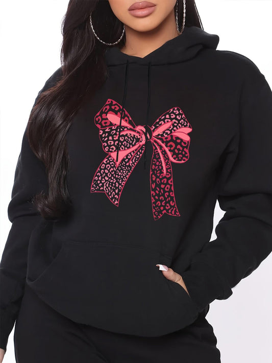 Women's Graphic Hoodie Playful Pink Heart Pattern Adorning A Large Decorative Bow
