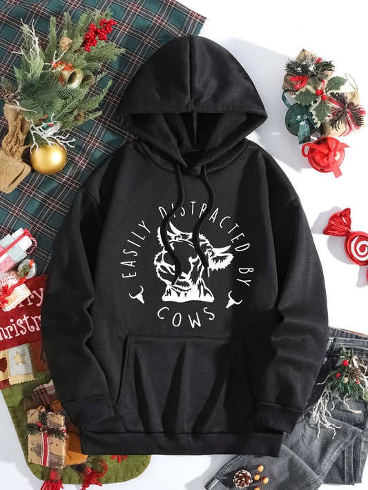 Women's Graphic Hoodie Easily Distracted By Cows Surrounded By Stars And Gentle Grazing Cow