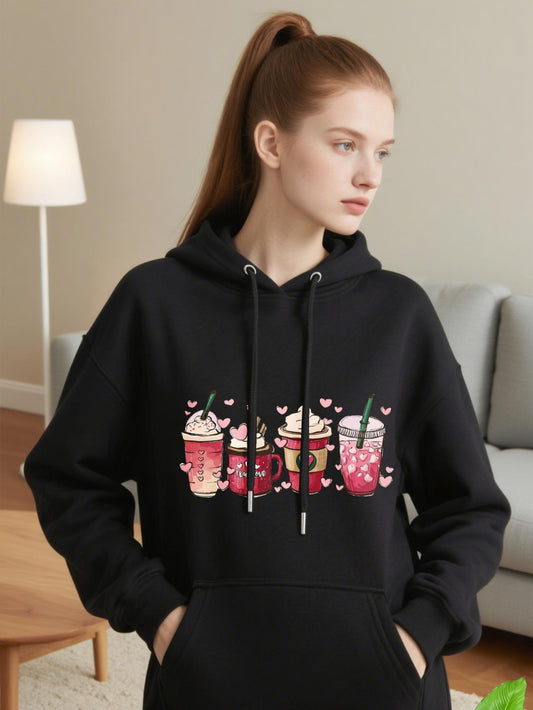 Women's Graphic Hoodie Sweet Drinks With Hearts And Colorful Cups Beverage
