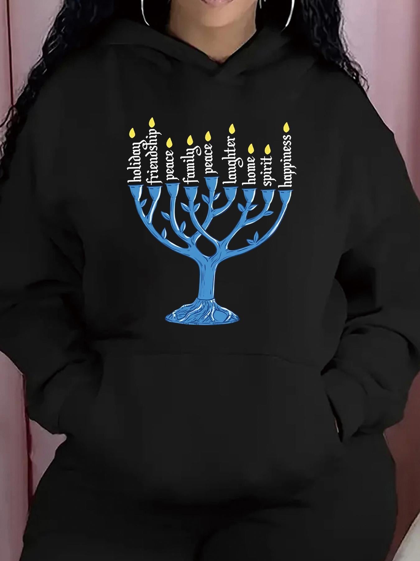 Women's Graphic Hoodie Shining Blue Menorah With Glowing Candles And Inspirational Words Among Darkness Menorah
