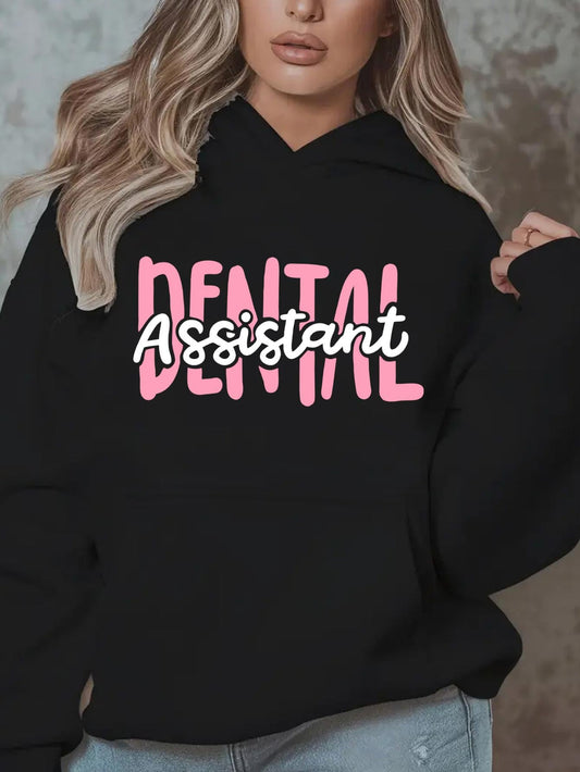 Women's Graphic Hoodie Dental Assistant Playful Bold Lettering On Cozy Black Hoodie