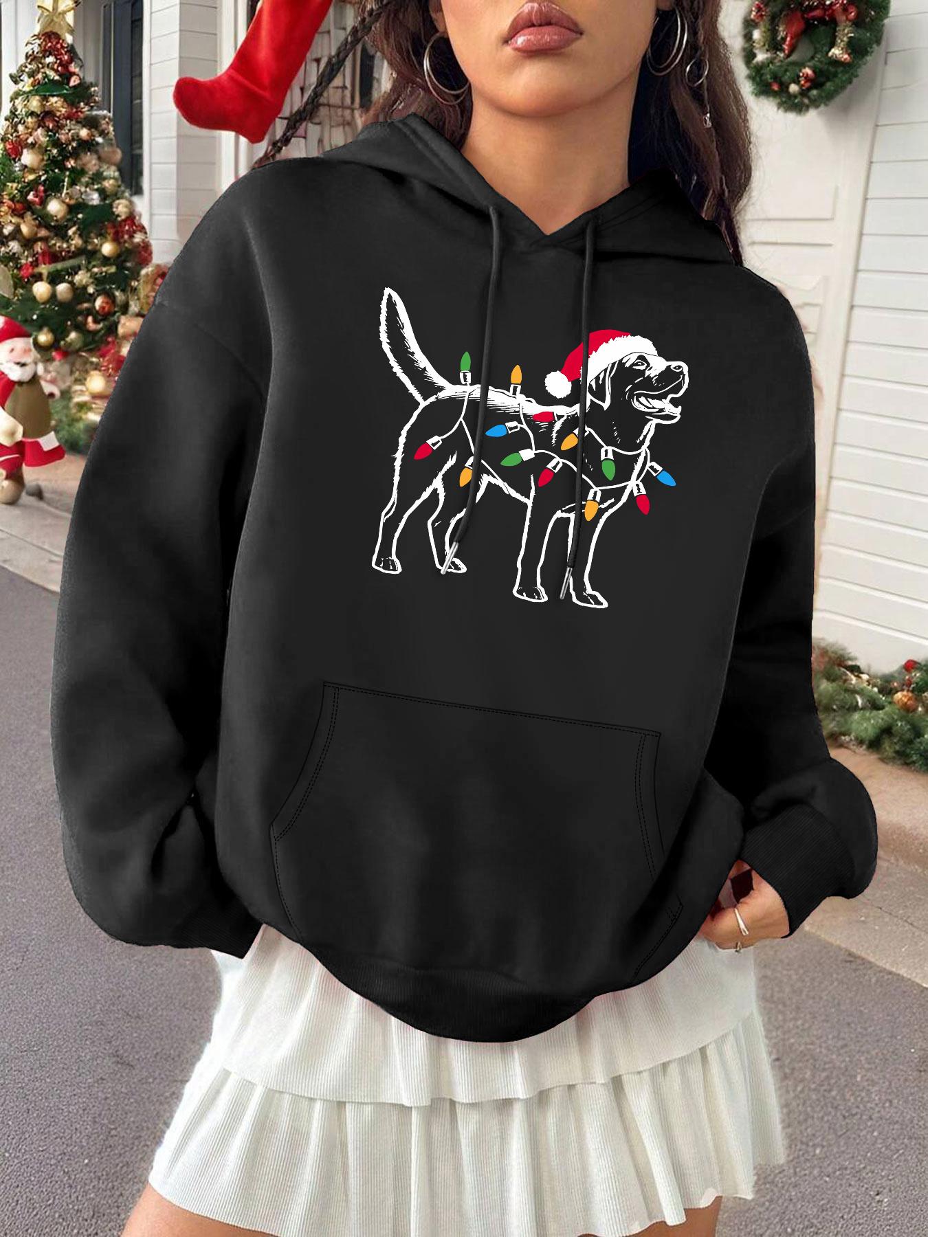 Women's Graphic Hoodie Festive Holiday Lights With Santa Hat On Playful Dog