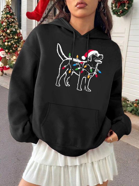Women's Graphic Hoodie Festive Holiday Lights With Santa Hat On Playful Dog