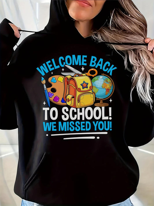 Women's Graphic Hoodie Welcome Back To School With Colorful Art And Globe Featuring Backpack
