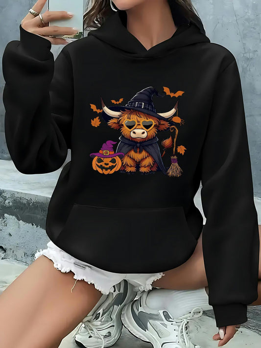 Women's Graphic Hoodie Cute Cow With Witch Hat Surrounded By Pumpkins And Halloween Bats