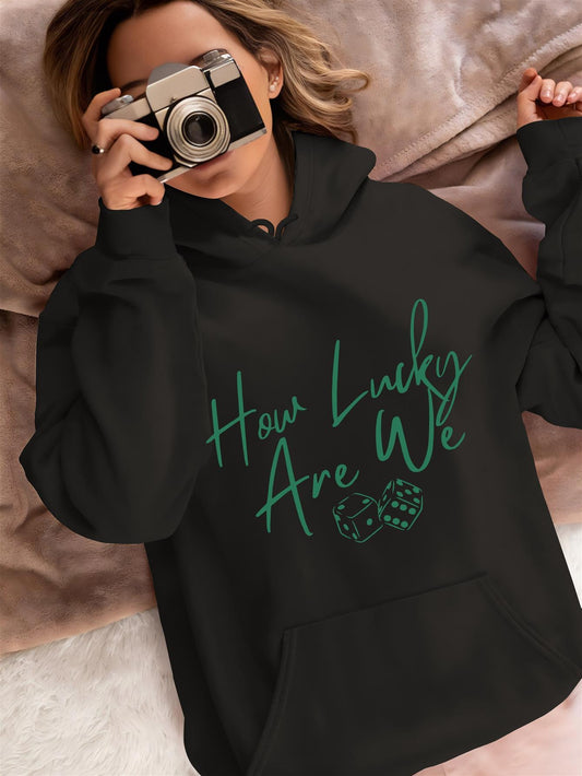 Women's Graphic Hoodie How Lucky Are We Whimsical Script With Swirling Shamrock Accents On Hoodie