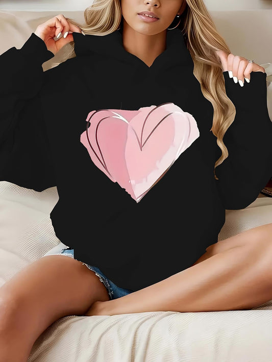 Women's Graphic Hoodie Artistic Pink Painted Heart With Soft Brush Strokes On Jet Black Hoodie