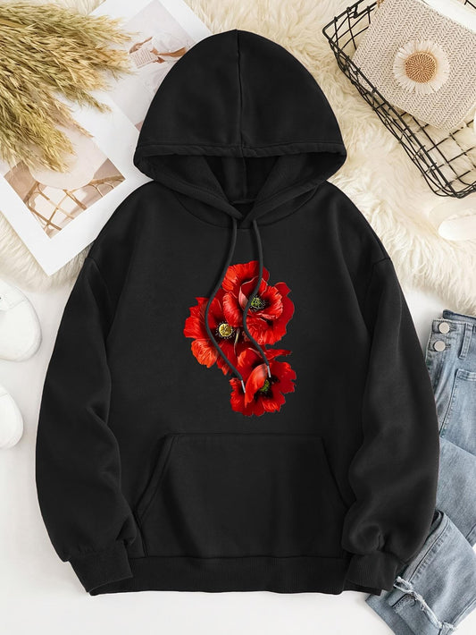 Women's Graphic Hoodie Vivid Scarlet Blossoms Clustered Among Dark Foliage Flower