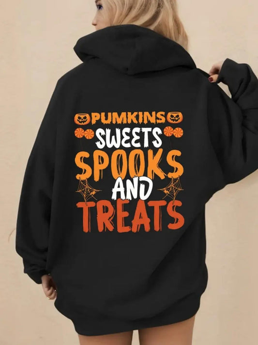 Women's Graphic Hoodie Pumpkins Sweets Spooks And Treats With Cute Halloween Icons Hoodie