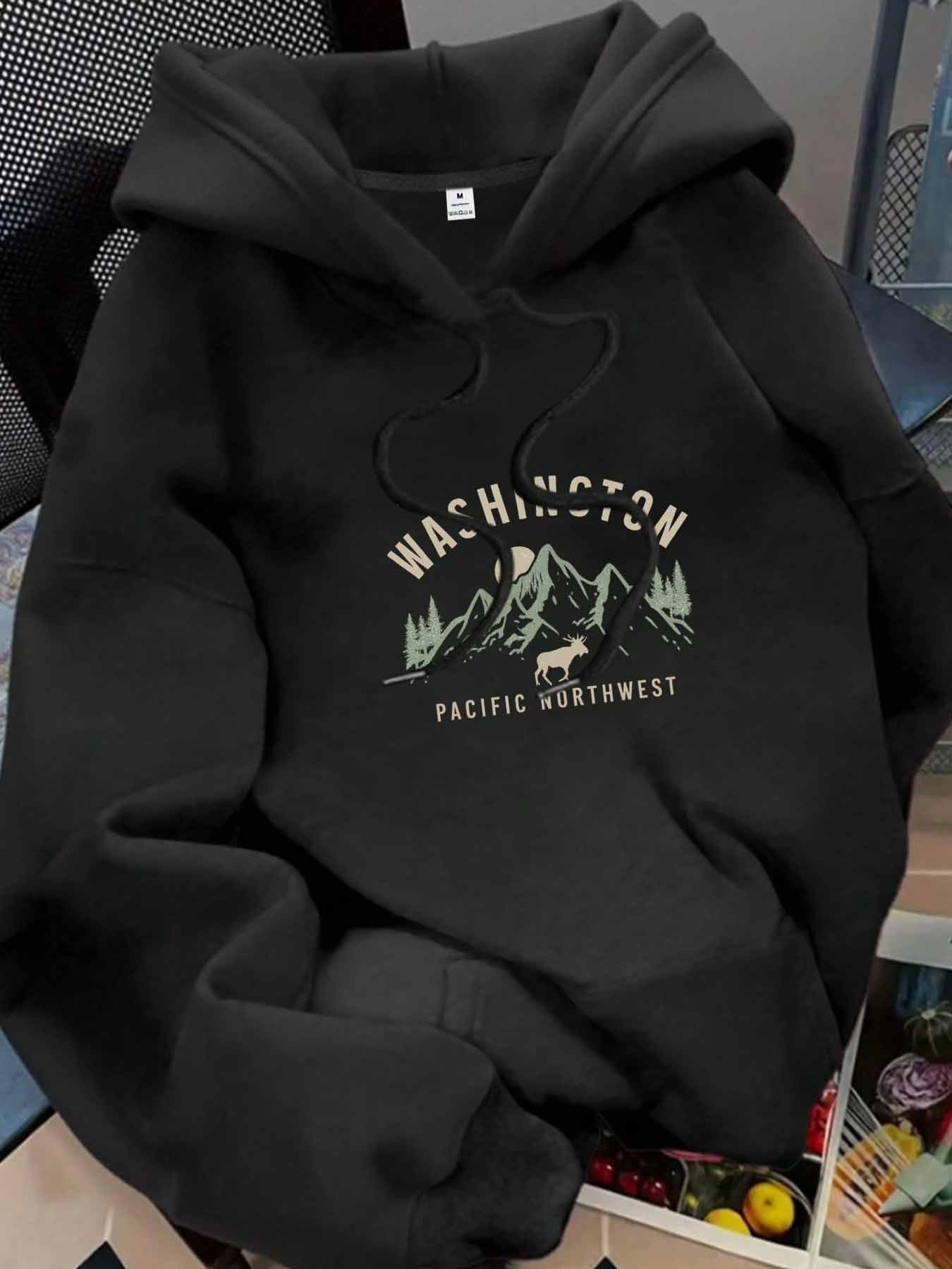 Women's Graphic Hoodie Washington Pacific Northwest Mountain Forest With Bear And Pine Trees