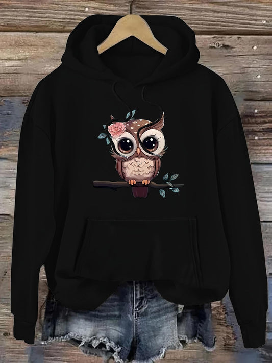 Women's Graphic Hoodie Whimsical Woodland Scene With Big Eyed Owl Perched On Branch