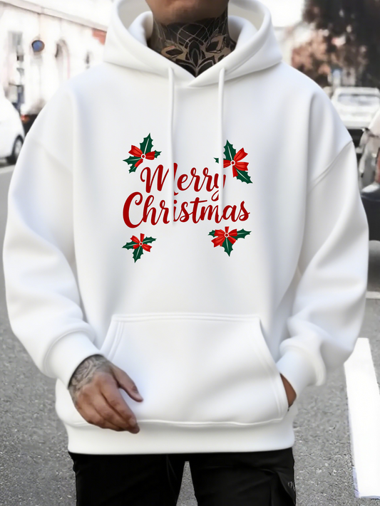 Men's Graphic Hoodie Merry Christmas With Holly Leaves And Festive Red Green Accents Hoodie