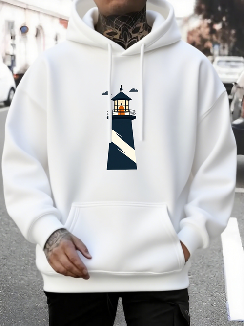 Men's Graphic Hoodie Coastal Beacon With Clouds Guiding Light Above White Lighthouse