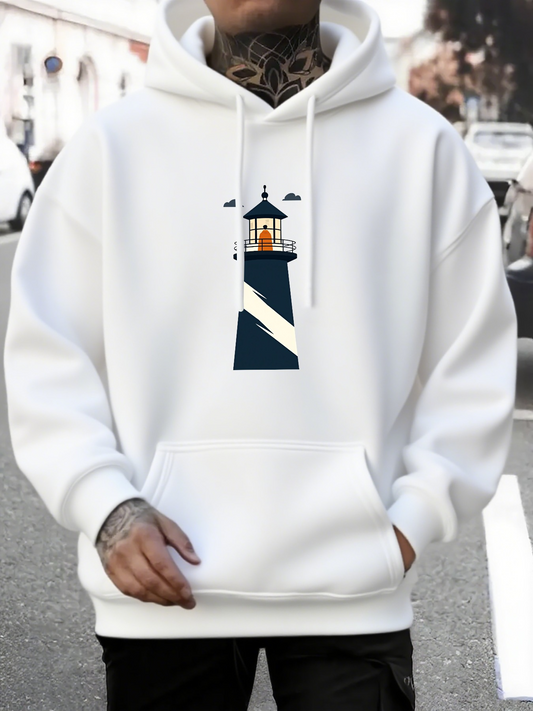 Men's Graphic Hoodie Coastal Beacon With Clouds Guiding Light Above White Lighthouse