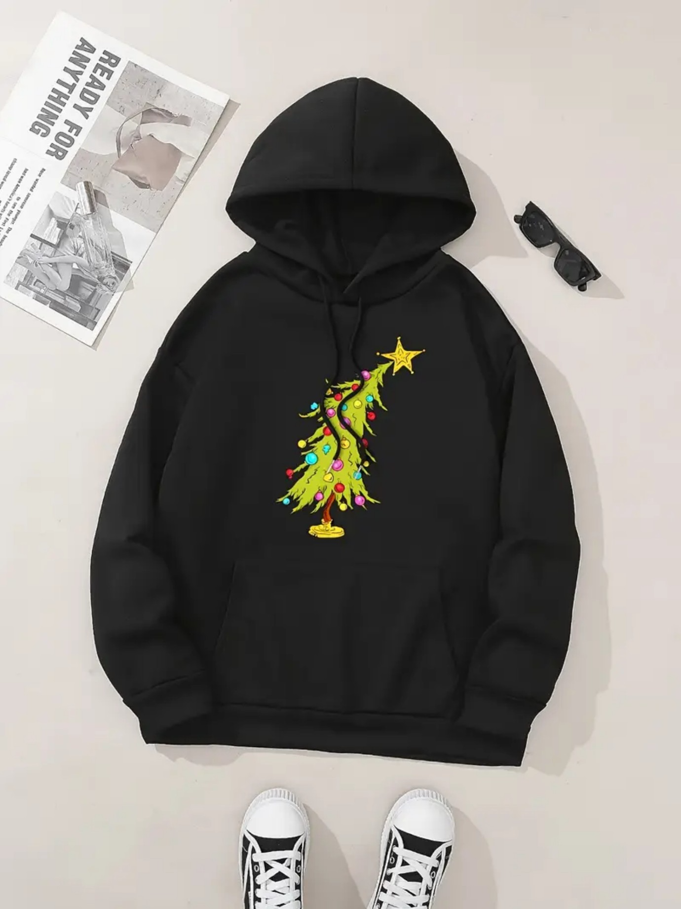 Women's Graphic Hoodie Shining Festive Lights Twirling Around A Golden Christmas Tree