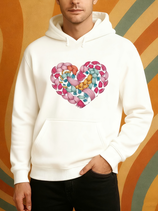 Men's Graphic Hoodie Colorful Braided Pattern Heart Shaped Design Centered On Chest Heart